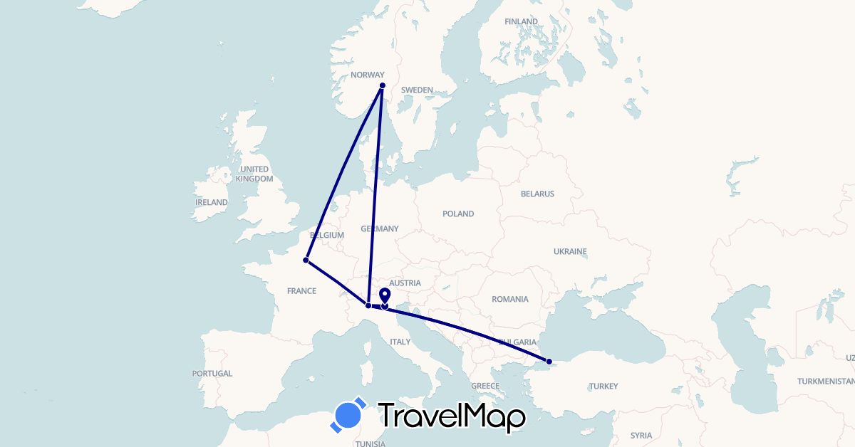 TravelMap itinerary: driving in France, Italy, Norway, Turkey (Asia, Europe)